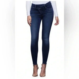 New $175 GOOD AMERICAN dark Blue Crossover High Waist Ankle Skinny Jeans 00 24